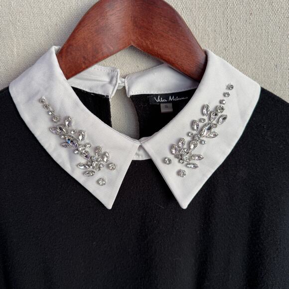 Vilci Milano Sweater Top Size S Black Pearl Button White Gem Bling Detail Shirt - Picture 3 of 11